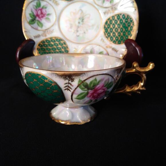 Vintage Japan Lustre Ware Pedestal Cup n Saucer Pink Rose Green Panels Gold Trim - Picture 9 of 16